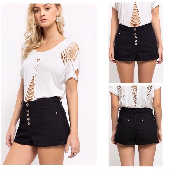 BLACK Denim Shorts With Folded Bottom Band. - Picture 2 of 12